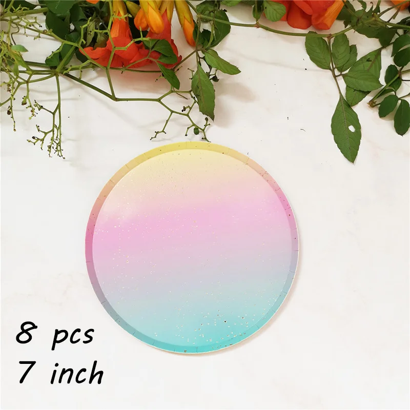 Regenbogen-Geschirrset für Geburtstagsparty-Dekorationen, Regenbogen-Geschirr, Pappteller, Tassen, Servietten, Tischdecke, Abendessen, Einwegartikel – Detail 6