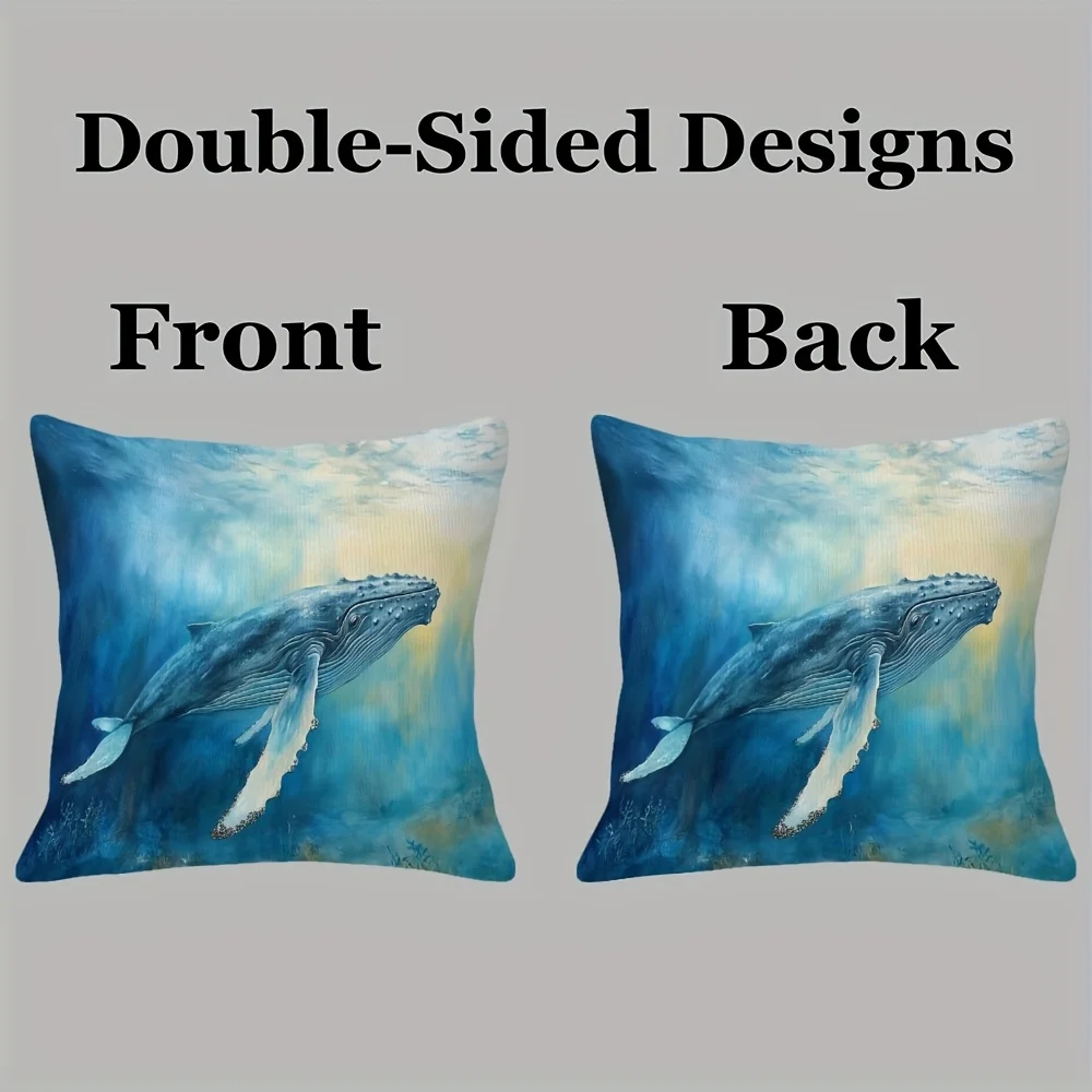 Humpback Whale Nursery Mural Double-Sided Pillowcase, Cute Whale Illustration Cushion Cover with Zipper, Washable Decor Case