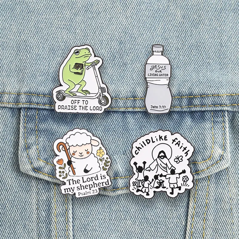Bible Verse Enamel Pins Christian Faith Brooches Jesus Living Water Badges Frog Sheep Religious Jewelry Gift for Friends