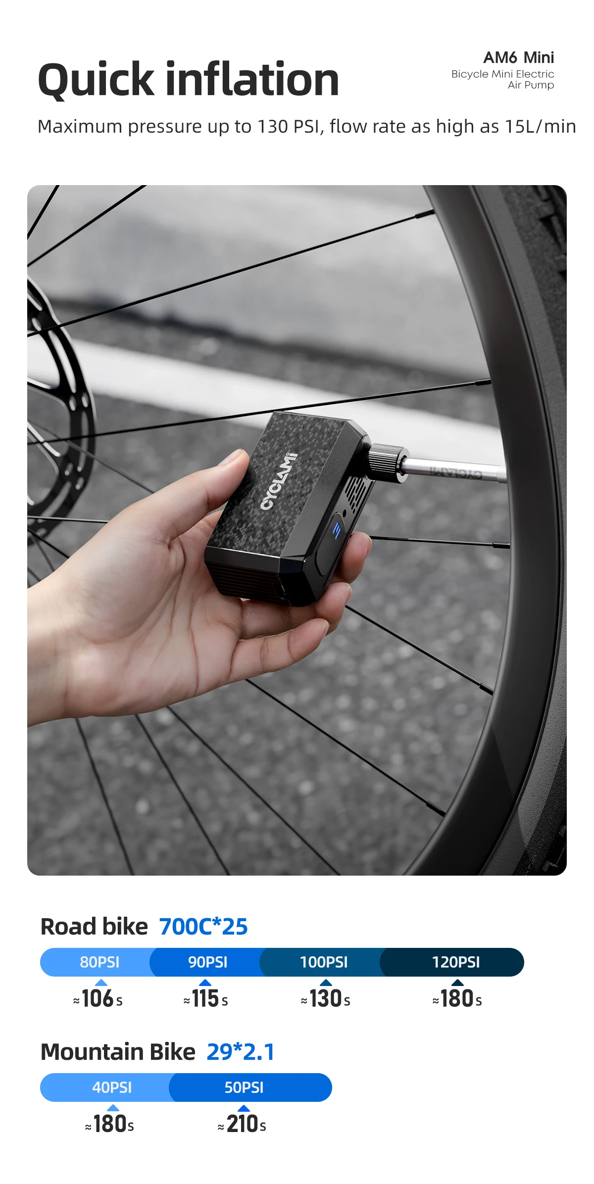 CYCLAMI AM6 Mini-Fahrradluftpumpe 130PSI Tragbarer Elektrischer Schnellfüller mit Typ-C-Ladefunktion für MTB- und Rennradreifen FV AV – Detail 3