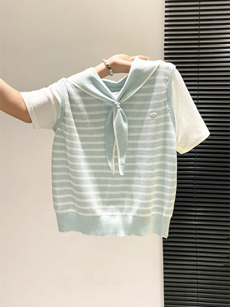 Camiseta de punto a rayas de manga corta a la moda para mujer, estilo coreano, cuello marinero, bloques de color, mezcla suave, novedad de verano