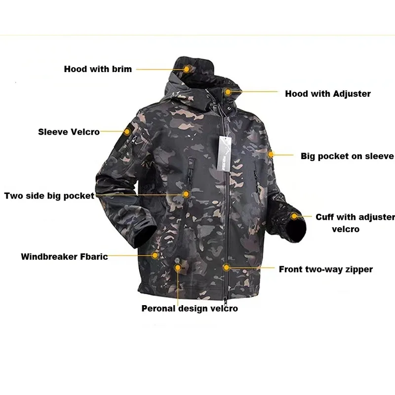 Men\'s Hiking Jackets Outdoor Softshell Suits Waterproof Camouflage Pants Tactical Hooded Fleece Coat Winter Gift Belt