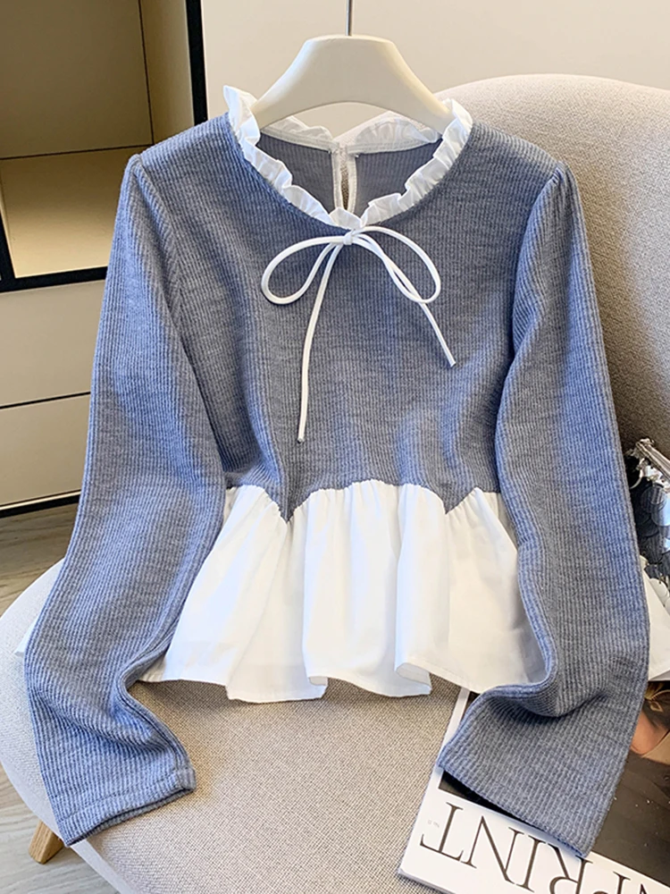 

Women Autumn Blouse Knitted Patchwork Pleated Bow Long Sleeve Ruffle Fungus Edge Shirt Short Top Pullover Girls Female BL268