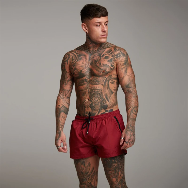 Men's Soild Color Swim Shorts Summer Casual Beach Board Shorts for Men Quick Dry Running Fitness Gym Shorts Zipper Pocket