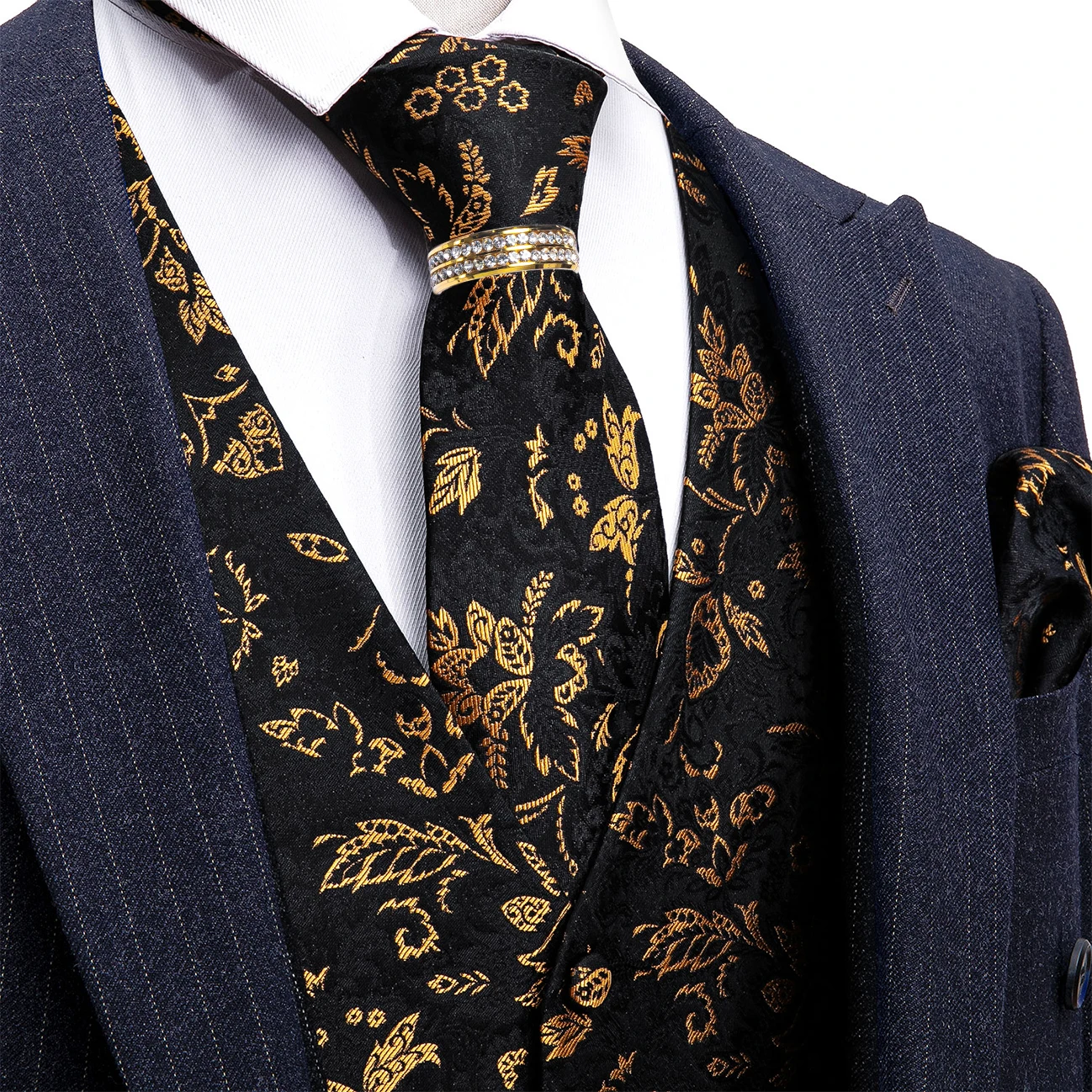 Black Golden Leaf V-Neck Vest Matching Set Tie Pocket Square Cufflinks Ring For New Year Holiday Gala