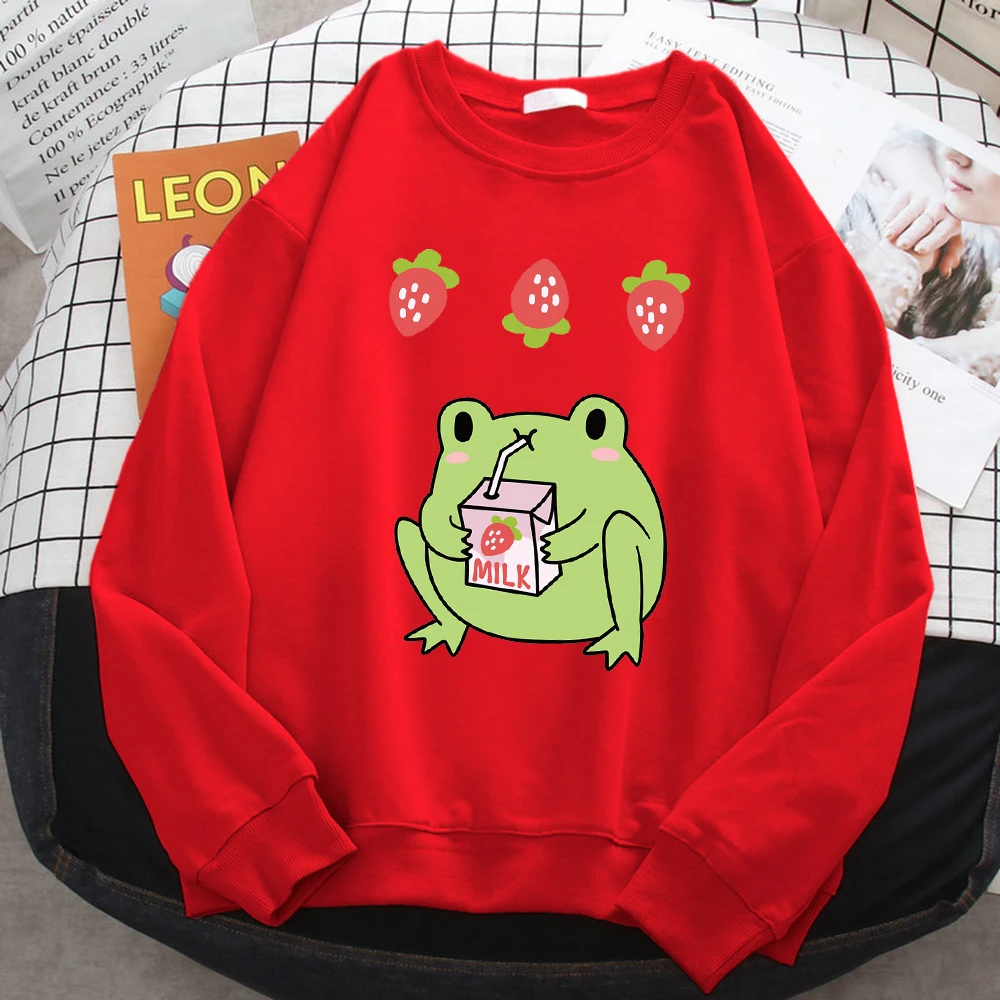 Casualwomens Pullovers Green Frog Who Loves Drinking Strawberry-Flavored Milk Print Hoodies Loose Sweatshirts Warm Fleece Tops