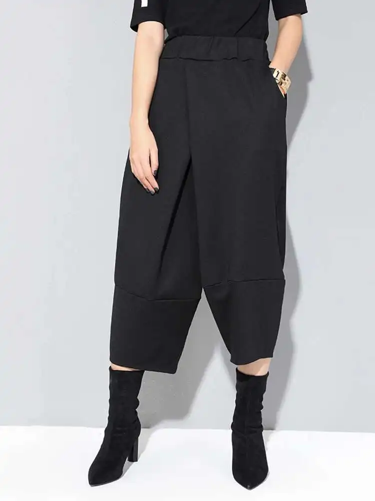 

High Elastic Waist Black Brief Pocket Wide Leg Calf-Length Pants New Trousers Women Fashion Spring Autumn