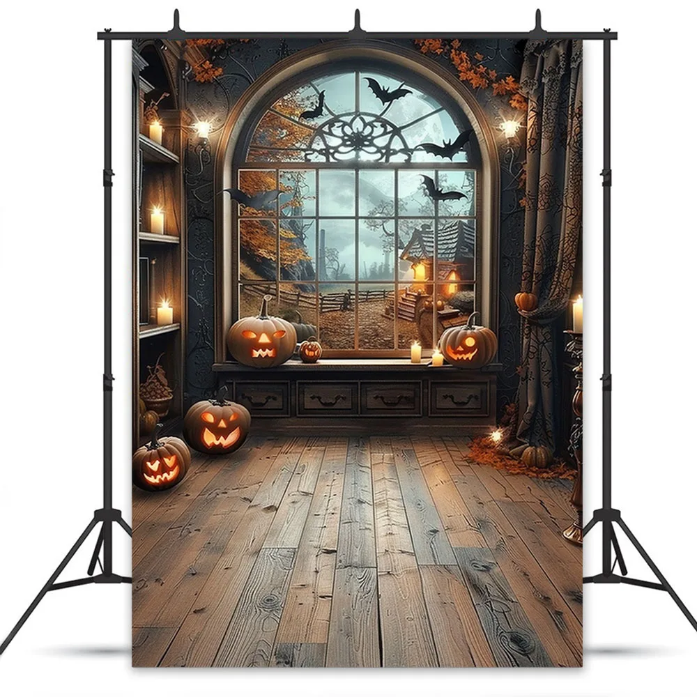 Halloween Party Photography Background Black Window Bookshelf Candle Pumpkin Lantern Bat Backdrop Kids Holiday Birthday Photo