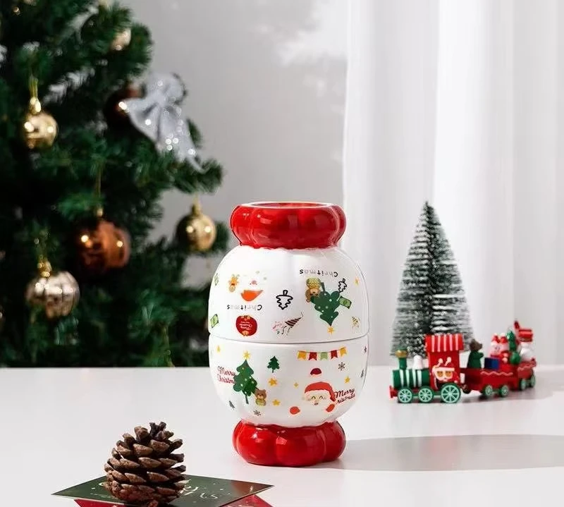 400ML  Christmas Double-layer Ceramic Decoration Candy Bowl Cartoon Santa Claus Storage Jar Decoration Ornament Holiday Gift Box