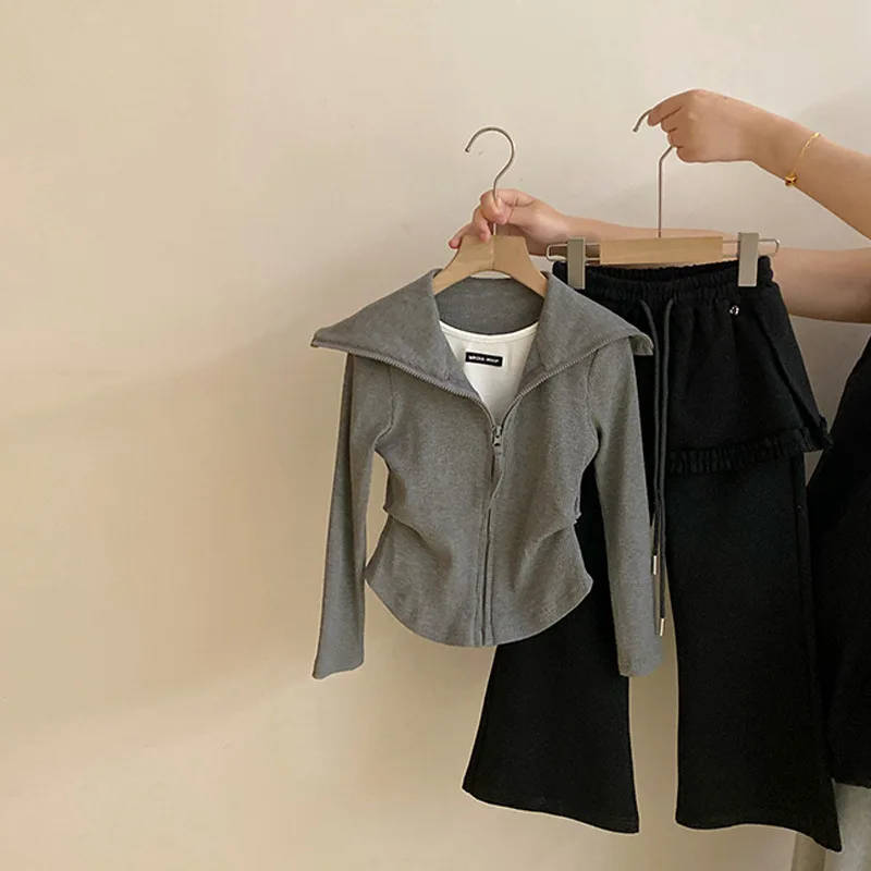 2026 New Autumn Girls Korean Style Fake Two-Piece Top & Lace Flare Pants Set, Simple Casual Versatile 2Pcs Kids Outfit