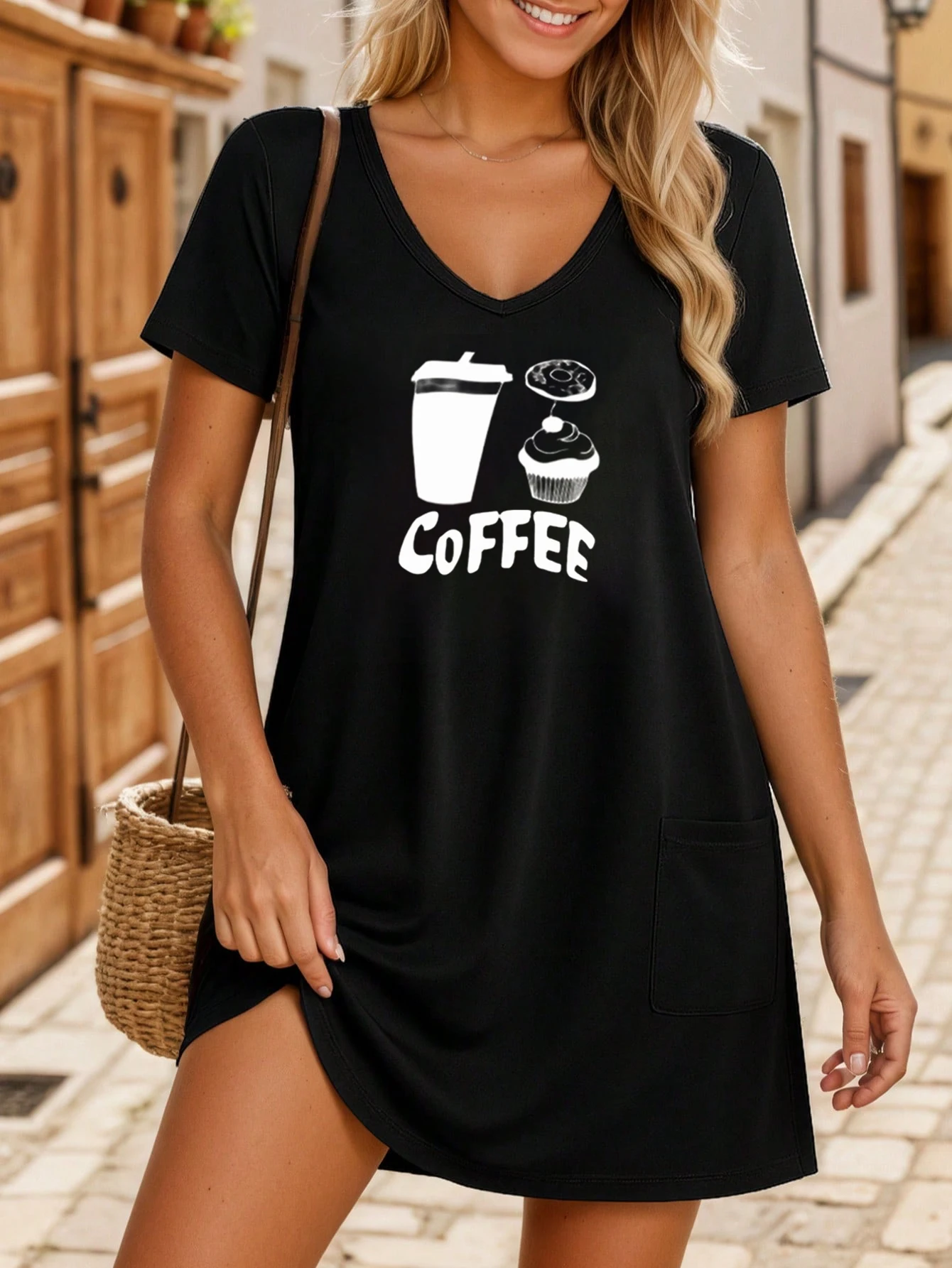 

2025 New Dresses Summer with Pockets Y2K Breathable Women's Plus Size Pajamas Loungewear Butterfly Coffee Treats Printed Short