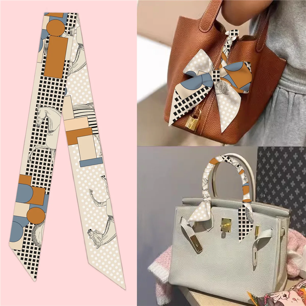 Selendang sutra twill motif polkadot kotak-kotak Prancis musim gugur baru ukuran 5*90cm, pita pembungkus tas, syal sutra kecil untuk wanita