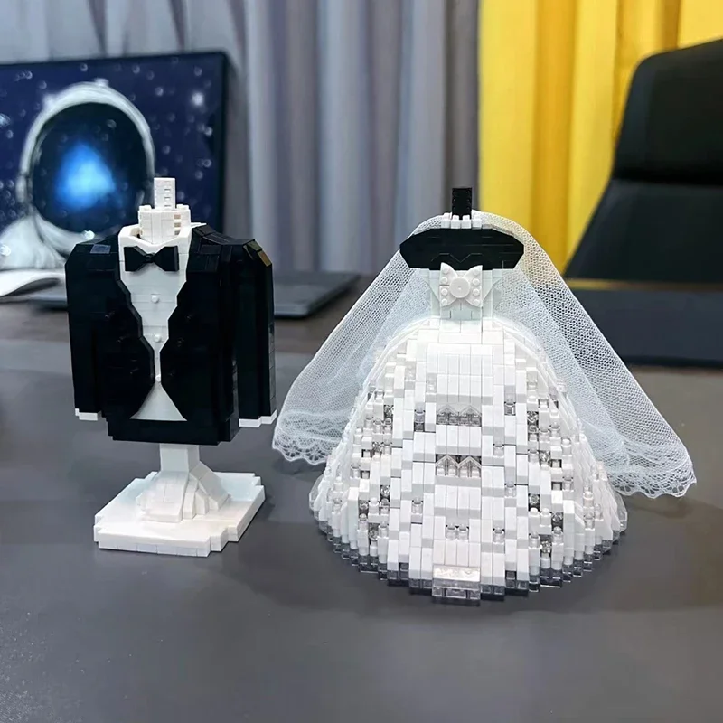 CLC-Jouet de construction en mini blocs de diamant, modèle de collier imbibé de robe de mariée, lumière LED, sans boîte