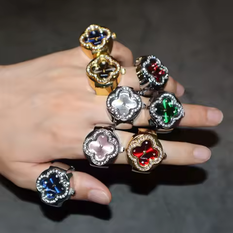 Fashion Exquisite Real Watch Ring for Women Men Four-leaf Flower Shaped Inlay Zircon Gold Silver Color Stainless Steel Punk Gift