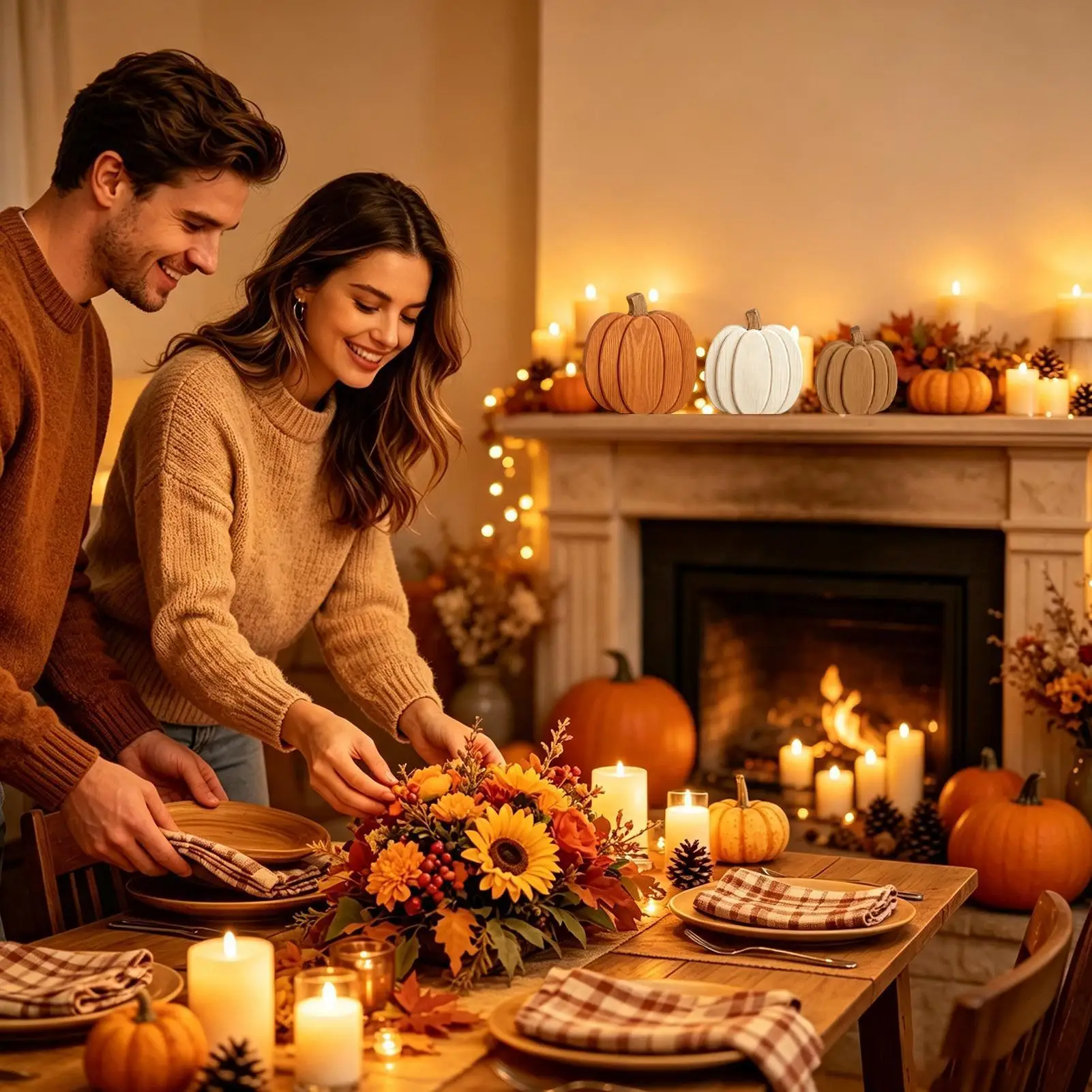 Wooden Pumpkins Autumn Decorations 3 Pieces Fall Harvest Ornament Pumpkin Wooden Tabletop Display For Apartment Farmhouse
