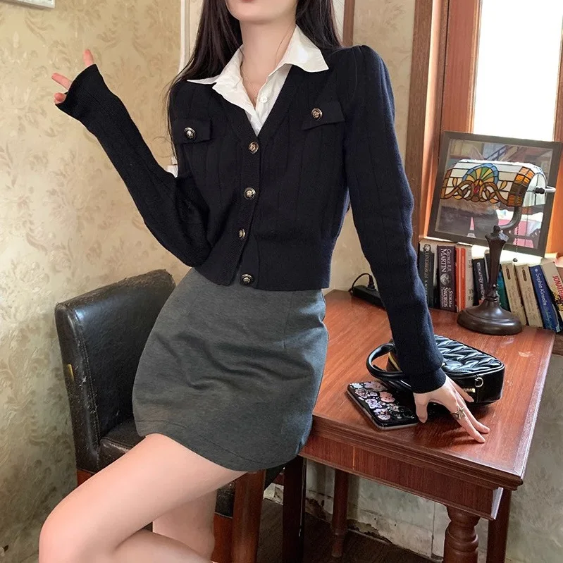 Fake Two Piece Patchwork Knitted Cardigan Women Polo Neck Slim Short Style Shirt Top