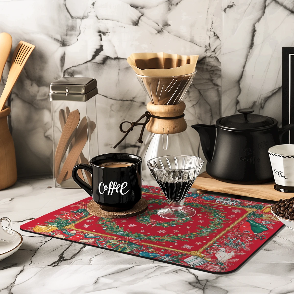 Kitchen Absorbent Drying Mat Christmas Tree Dog Watercolor Kitchen Table Decoration & Accessories Color Pattern Tables Mats