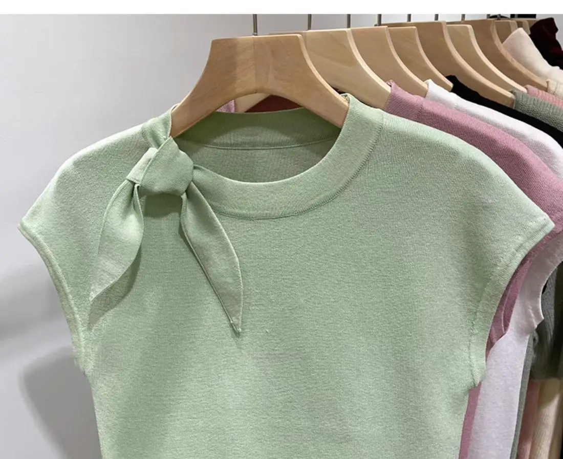 Round Neck Ice Silk Short-sleeved Knitted T-shirt for Women New Style in Summer 2024 Slim-fit Small Flutter Sleeves Blouse Top