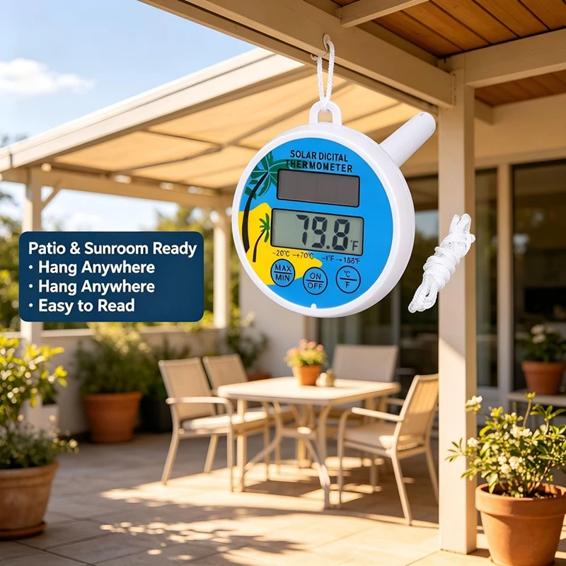 DT16 Solar Thermometer Outdoor Indoor Temperature Gauge, Accurate Readings for Garden Greenhouse Patio Home