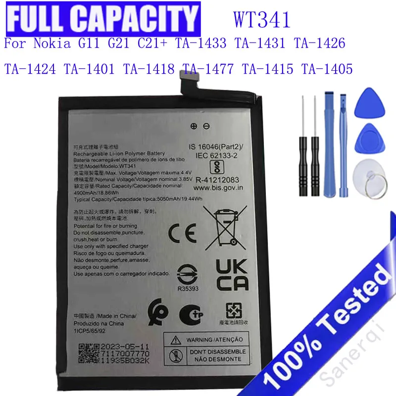 Аккумулятор WT341 5050 мАч для Nokia G11 G21 C21+ TA-1433 TA-1431 TA-1426 TA-1424 TA-1401 TA-1418 TA-1477 TA-1415 + бесплатные инструменты