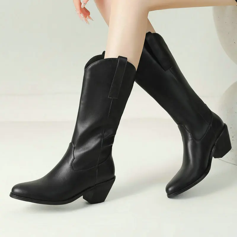 Women Retro Western Cowboy Mid Calf Boots Pointed Toe Chunky Block Heel Slip on Vintage Cowgirl Boots Solid PU Leather Riding