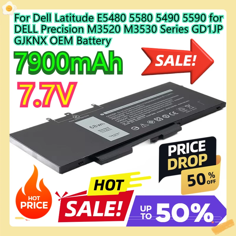 

For Dell Latitude E5480 5580 5490 5590 for DELL Precision M3520 M3530 Series GD1JP GJKNX OEM Battery 7.6V 68WH