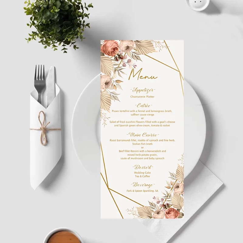 Imagem -04 - Placa Personalizada do Menu do Casamento para a Bênção Língua da Flor de Champanhe Aniversário da Bênção Processo da Série da Floresta da Aguarela Cartão do Agradecimento 120 Pcs