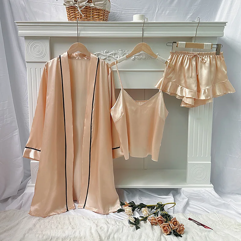 

3 шт. женская сексуальная элегантная ночная рубашка из искусственного шелка, пижамы на шнуровке, весенне-летняя мода, топ, брюки и халат