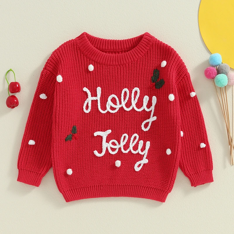 VISgogo 0-3 Years Baby Girl Christmas Sweaters Classic Long Sleeve Letter Embroidery Knit Pullover Toddler Fall Winter Tops