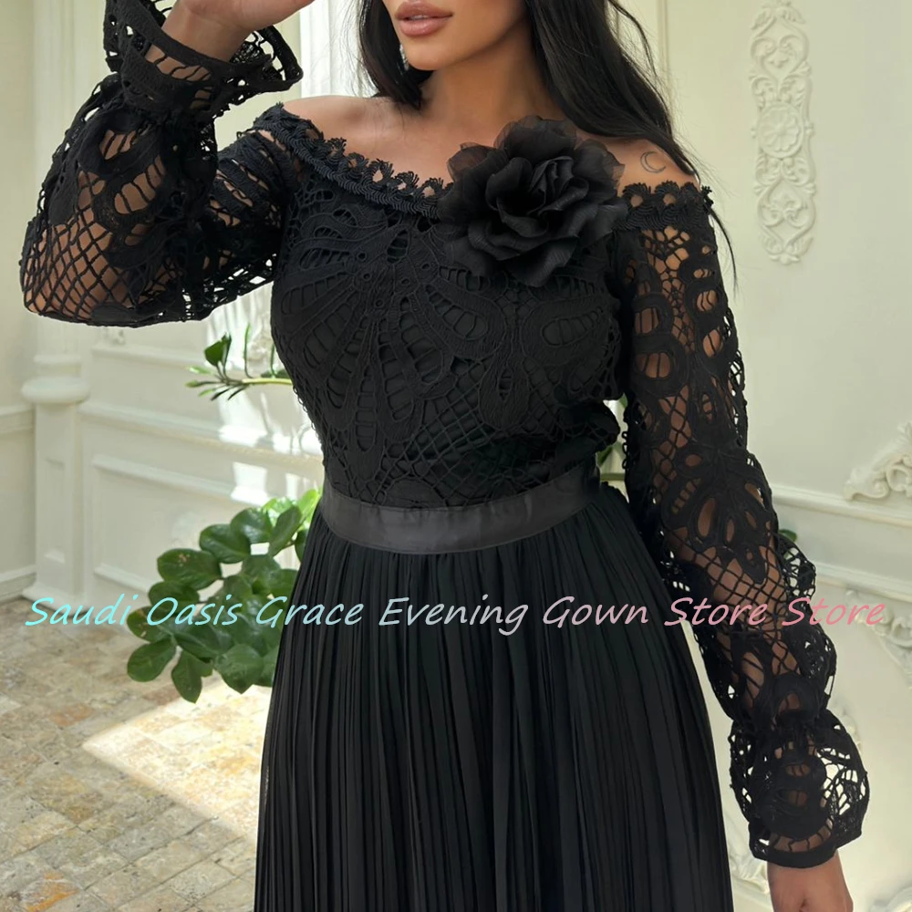 High Quality Lace 3D Flowers Evening Dress A-Line Floor Length Boat Neck Off the Shoulder Long Sleeves Homecoming Gowns