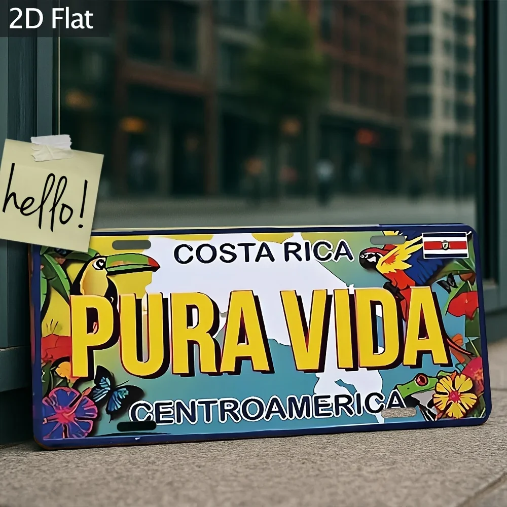 Costa Rica Pura Vida Tropical Wildlife Themed Aluminum Metal Sign 2D Flat Printing Retro License Plate Style Wall Decor for Home