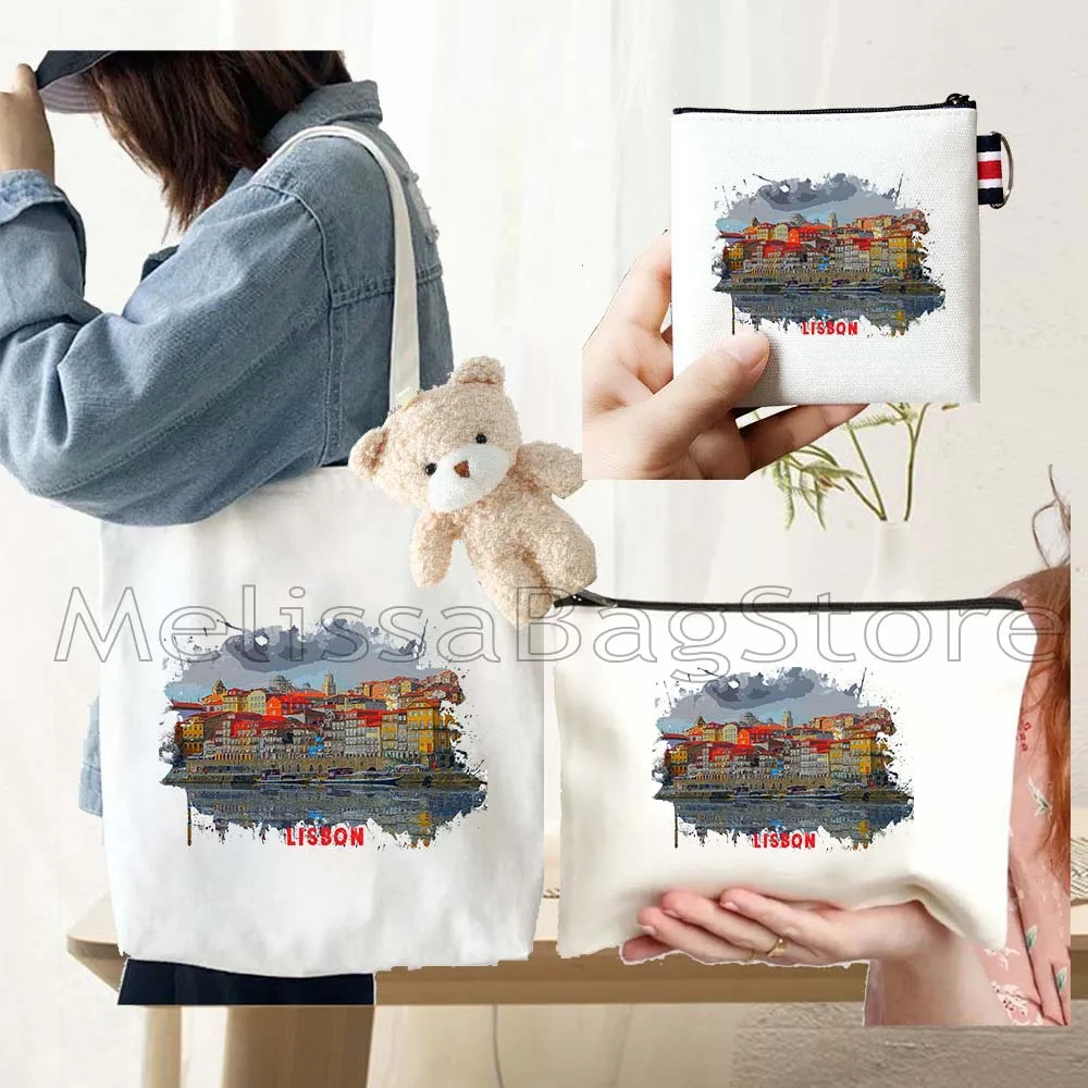 4PCS Gifts Set lisbon Portugal White Canvas Tote Bag Handbag with Doll Key Coin Purse Cosmetic Makeup Toilet Bag Case Pouch