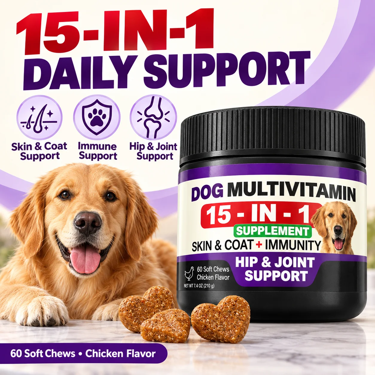 15 in 1 Dog Multivitamin 60 Soft Chews Chicken Flavor Hip Joint Skin Coat Immune Support & Glucosamine Probiotics Pet Supplement