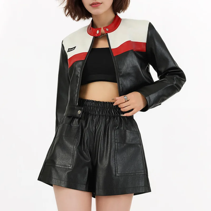 Eeonovni streetwear motocicleta jaqueta curta feminina de couro moda contraste cor gola manga longa casaco 2026 primavera novo