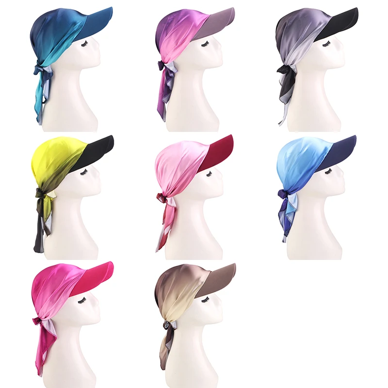 New Women Gradient Satin Outdoor Brim Sunshade Turban Hat Sun Hats Headscarf Scarf Femme
