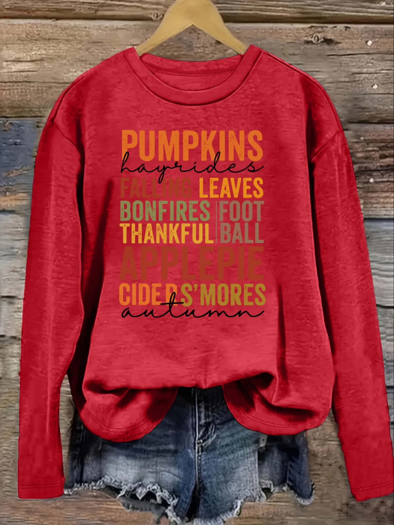 Women's Casual Long Sleeve Crew Neck T-Shirt Pumpkins Hayrides Falling Leaves Bonfires Design, Round Neck Women's Clothing, Machine Washable, Slightly Elastic, Loose Fit, Spring Autumn Winter Women's T-Shirt, Halloween Costume Outfit view 4