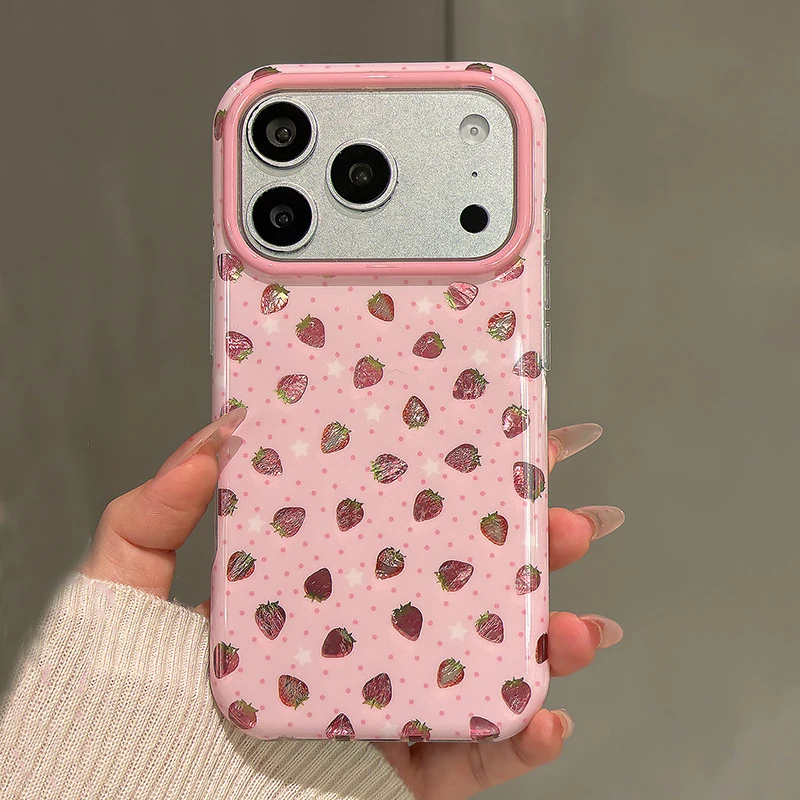 

Ins Sweet Cute Bling Pink Strawberry Shockproof Phone Case For iPhone 13 14 15 16 17 Pro Max Hard IMD TPU Back Cover