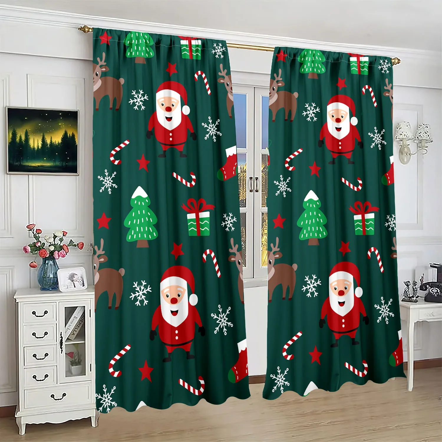 Jolly Santa Print Curtains 2-Piece Polyester Set for Bedroom Living Room Study Festive Holiday Window Treatment