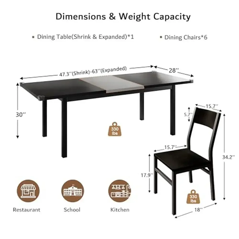 7-Piece Extendable Dining Table Set with Chairs Metal Frame MDF Board Modern Kitchen Furniture 4-6 Persons Ergonomic Backrest