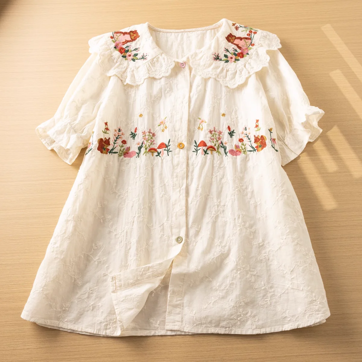 Sweet Mori Girl Embroidered Shirt Female Peter Pan Collar Blouse Women Japan Style Summer 100% Cotton Short Sleeve Shirts