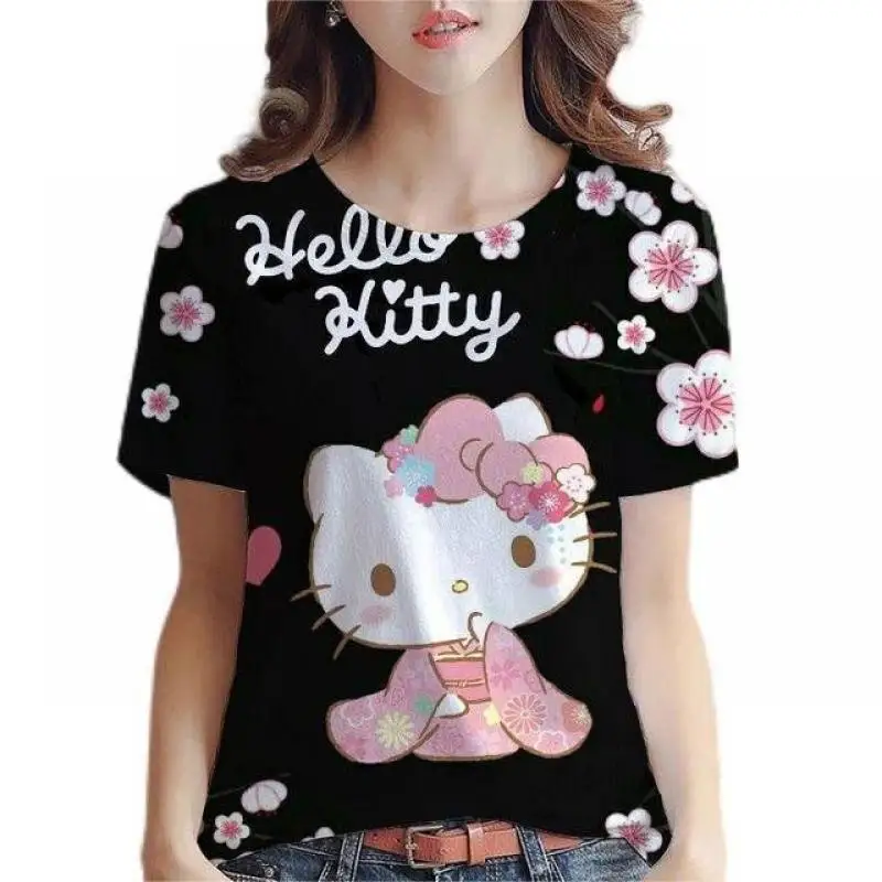

Sanrio High Quality Short Sleeved Hello Kitty Summer Versatile T Shirt Hot Print Male Girl Student Casual Fashion T Shirt Cute