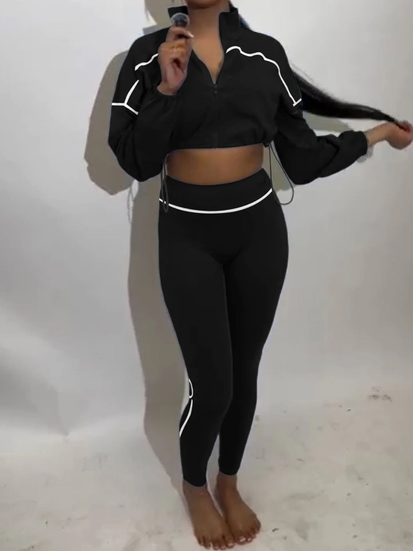 2025 여성 팬츠 세트 가을 패션 솔리드 컬러 긴팔 크롭 스웨트셔츠 스키니 핏 발목 팬츠 세트