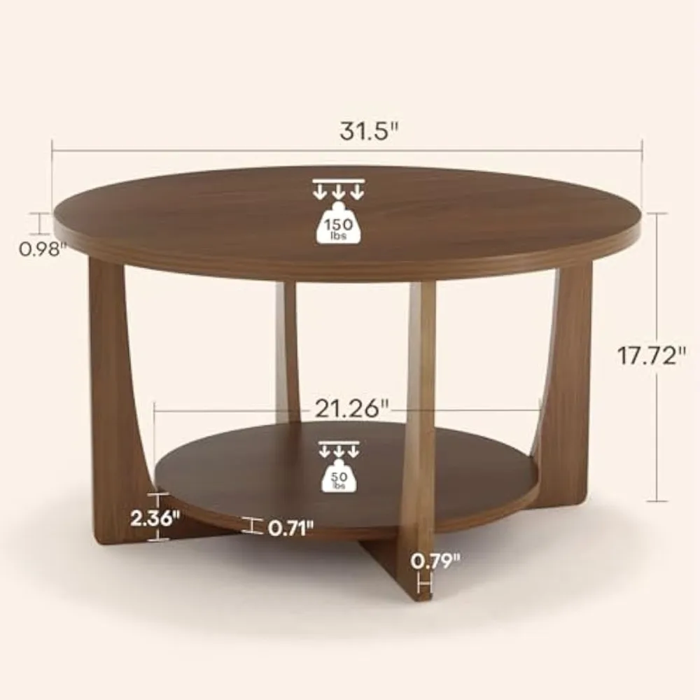 طاولة قهوة مستديرة من خشب الصنوبر الصلب مقاس 31.5 بوصة مع رف تخزين
