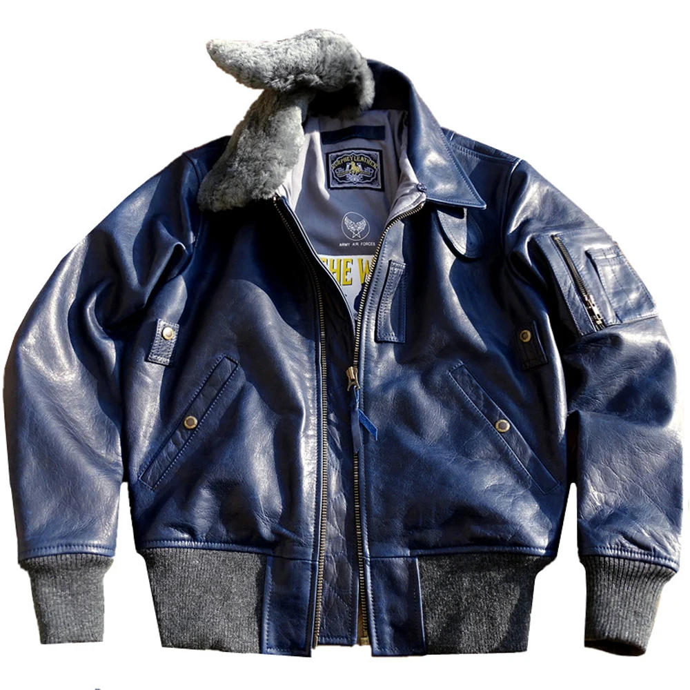 

Luxury Fashion Fur Collar Horseskin Man Coat Winter Autumn Air Force Bomber Coat For Men Women Real Horseskin Blue Overcoat 2023