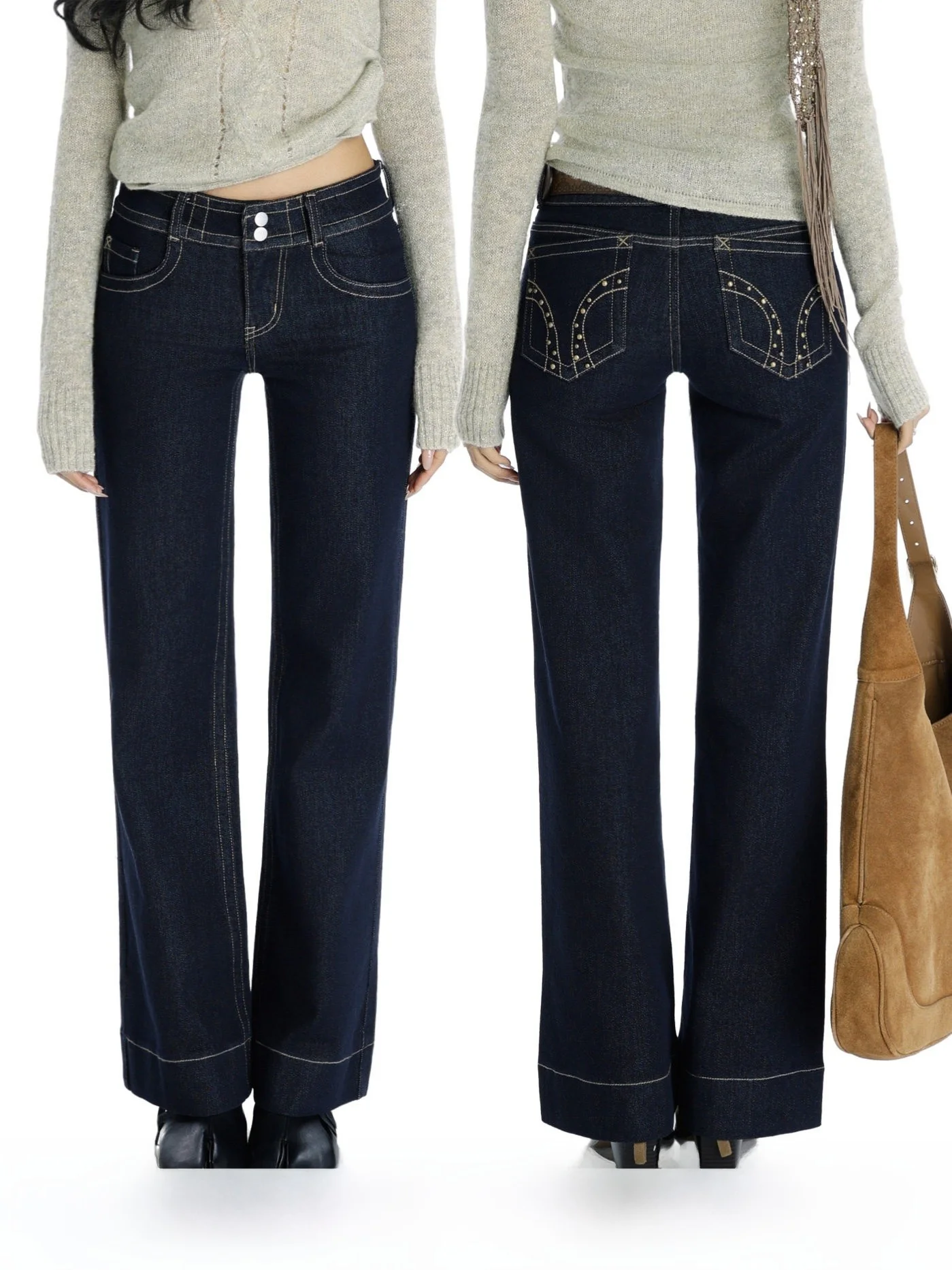 

Audwyn Low Waist Straight Leg Denim Jeans Women's Slimming Loose Fit Long Trousers Deep Blue Street Sle Cotton Zipper