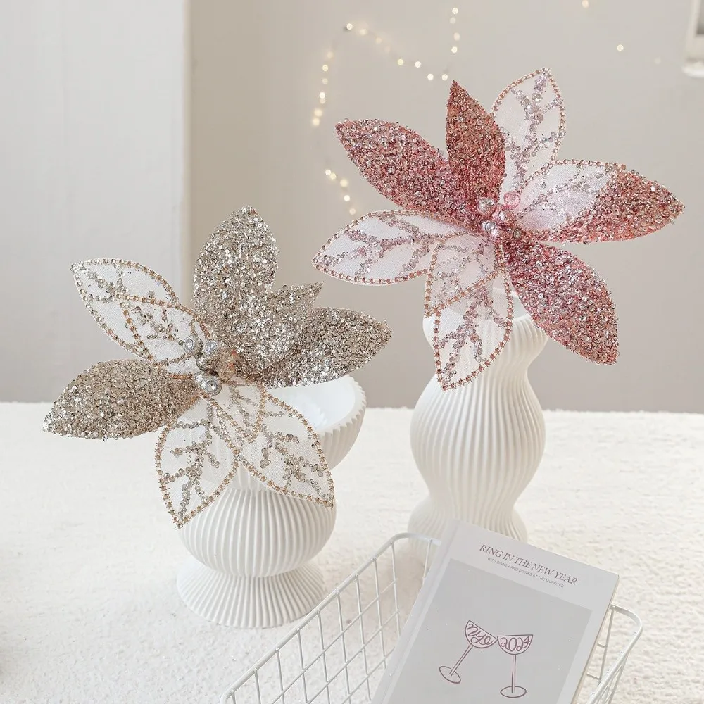 

Новый 31 см искусственный цветок пуансеттии, блестящие сверкающие искусственные цветы, блестки, сделай сам, рождественский цветок, украшение для дома