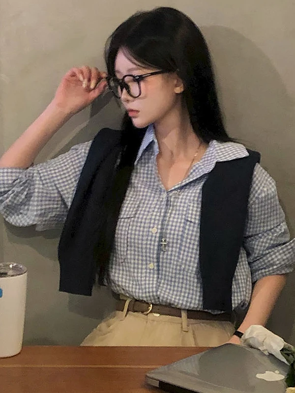 

Классическая клетчатая рубашка с длинным рукавом для женщин, шикарная, повседневная, весенне-осенняя, свободного кроя, на пуговицах, с двойными карманами, с отложным воротником