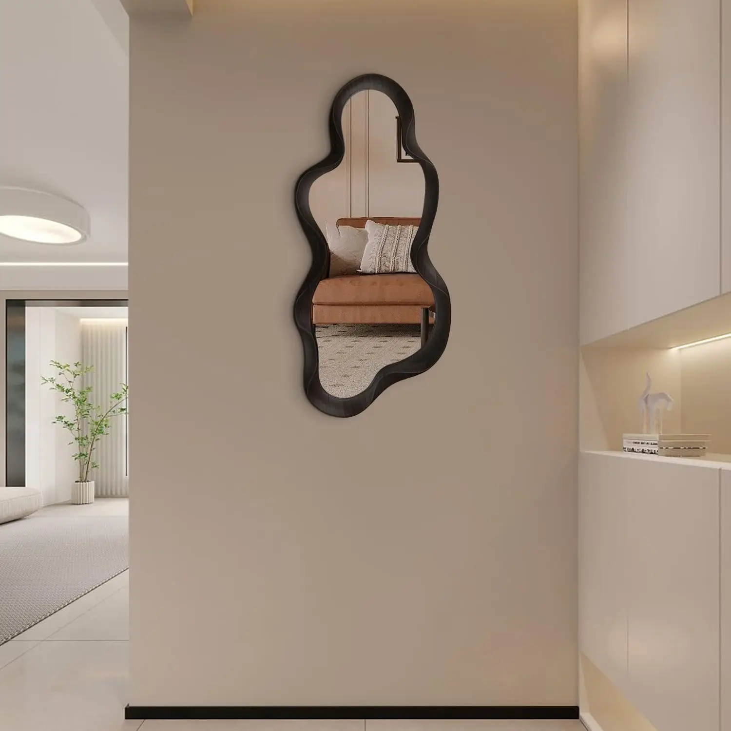 Irregular Wall Mirror Wooden Black Frame Modern Bathroom Decorative Mirror with Hanging Hooks HD Explosion-proof