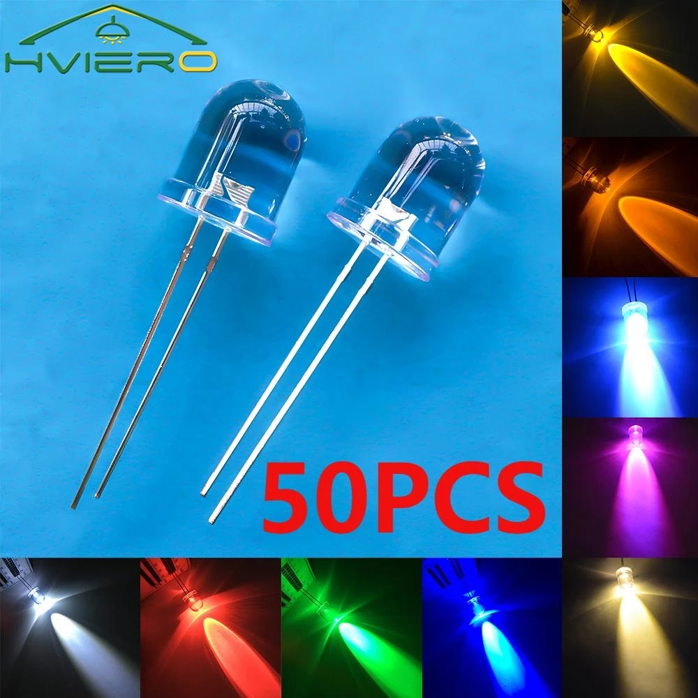 

50Pcs 10mm Round Top Super Bright Lamp Beads Clear Emitting Diode LED Dome Light Bulb White For Multi Color DIY Decoration Light