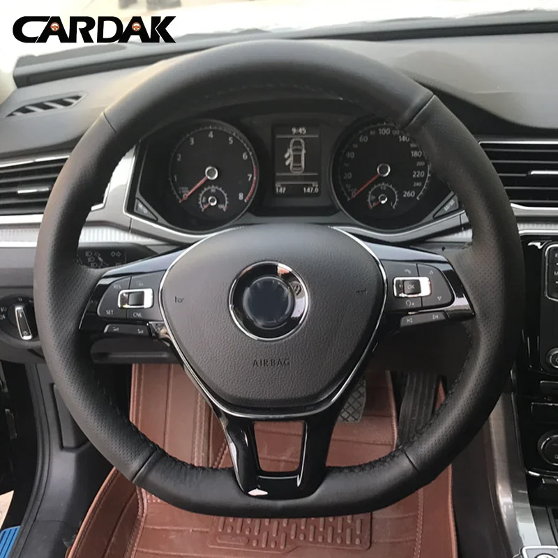 CARDAK Hand-stitched Black Artificial Leather Steering Wheel Cover for Volkswagen Golf 7 Mk7 New Polo Passat B8